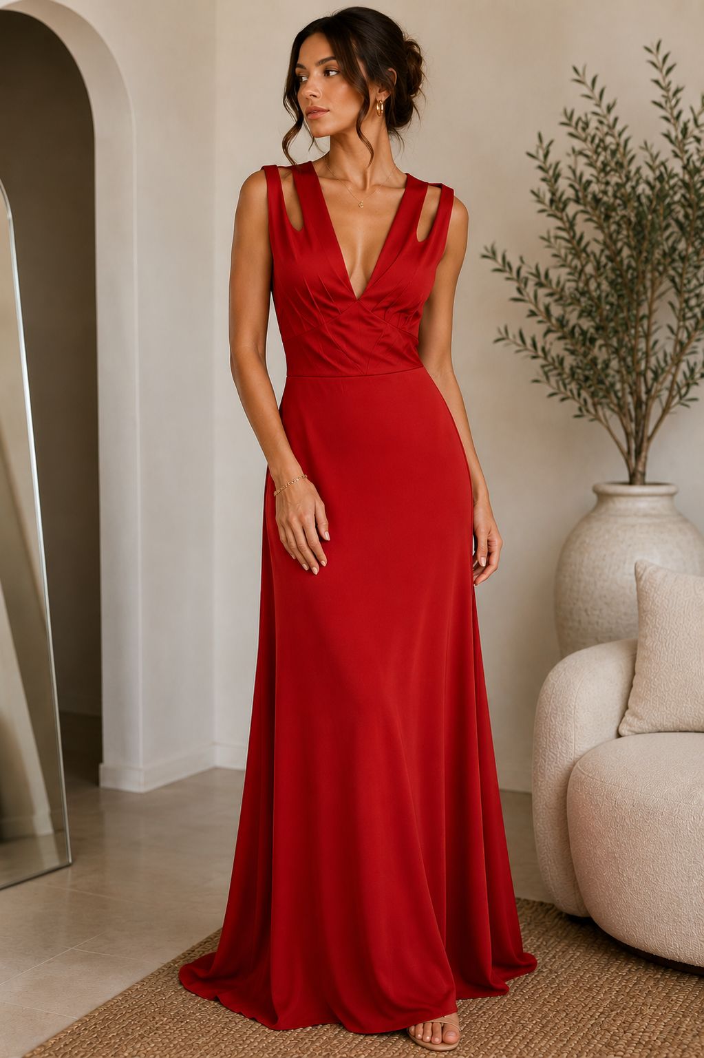 Nwt Jj's House Red Formal Maxi Dress Deep V Open Shoulder Women's Us 4